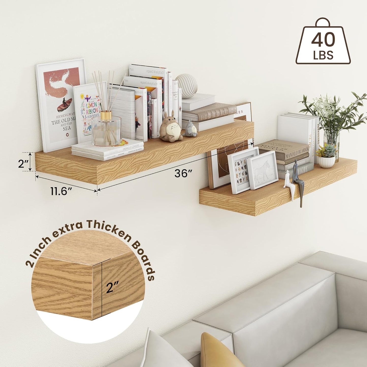 ShelfLoft 11.6"D x 2"H Oak Floating Shelves for Wall Storage