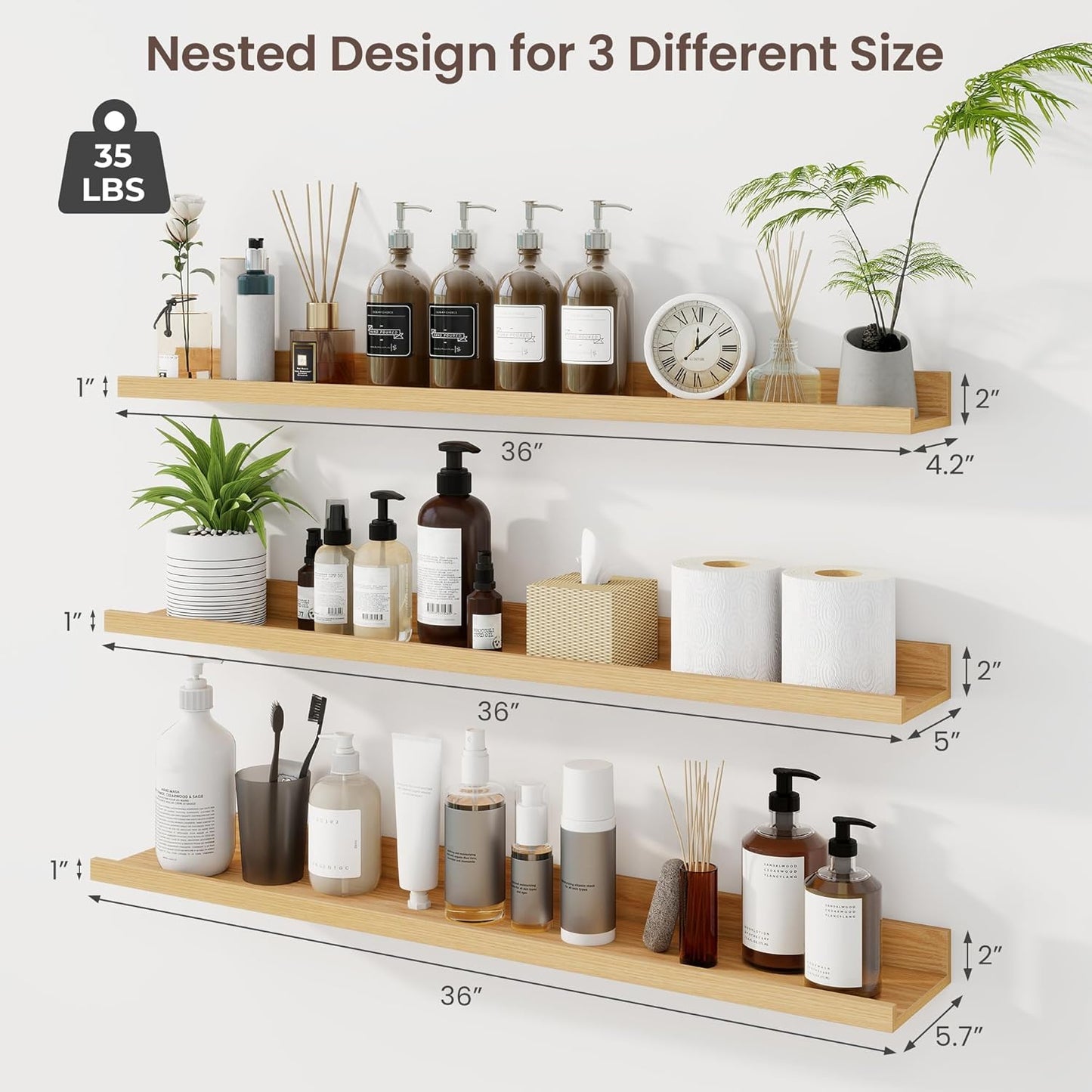 ShelfLoft 36"W x 4.2"D Oak Picture Ledge Shelf Floating Shelves with Lip Set of 3