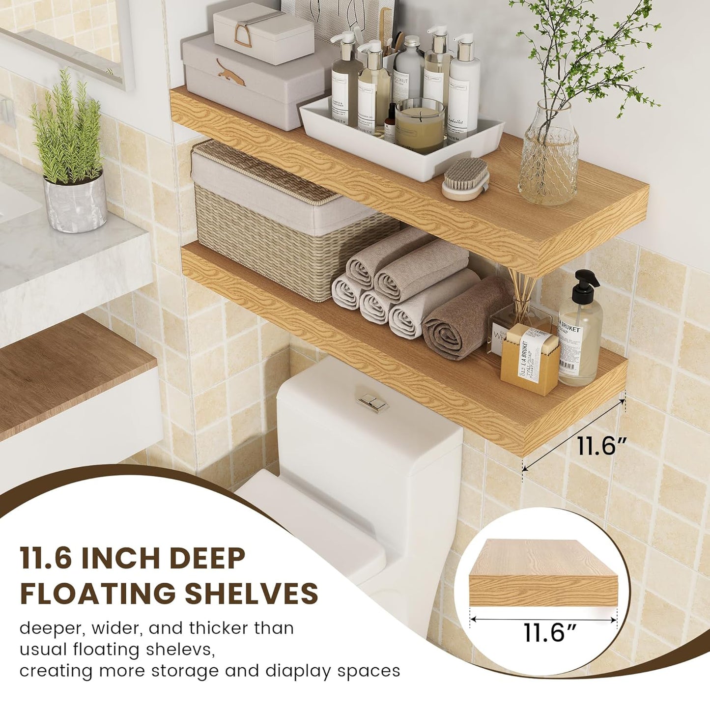 ShelfLoft 36"W x 11.6"D Oak Floating Shelves for Wall Storage,2 Pack