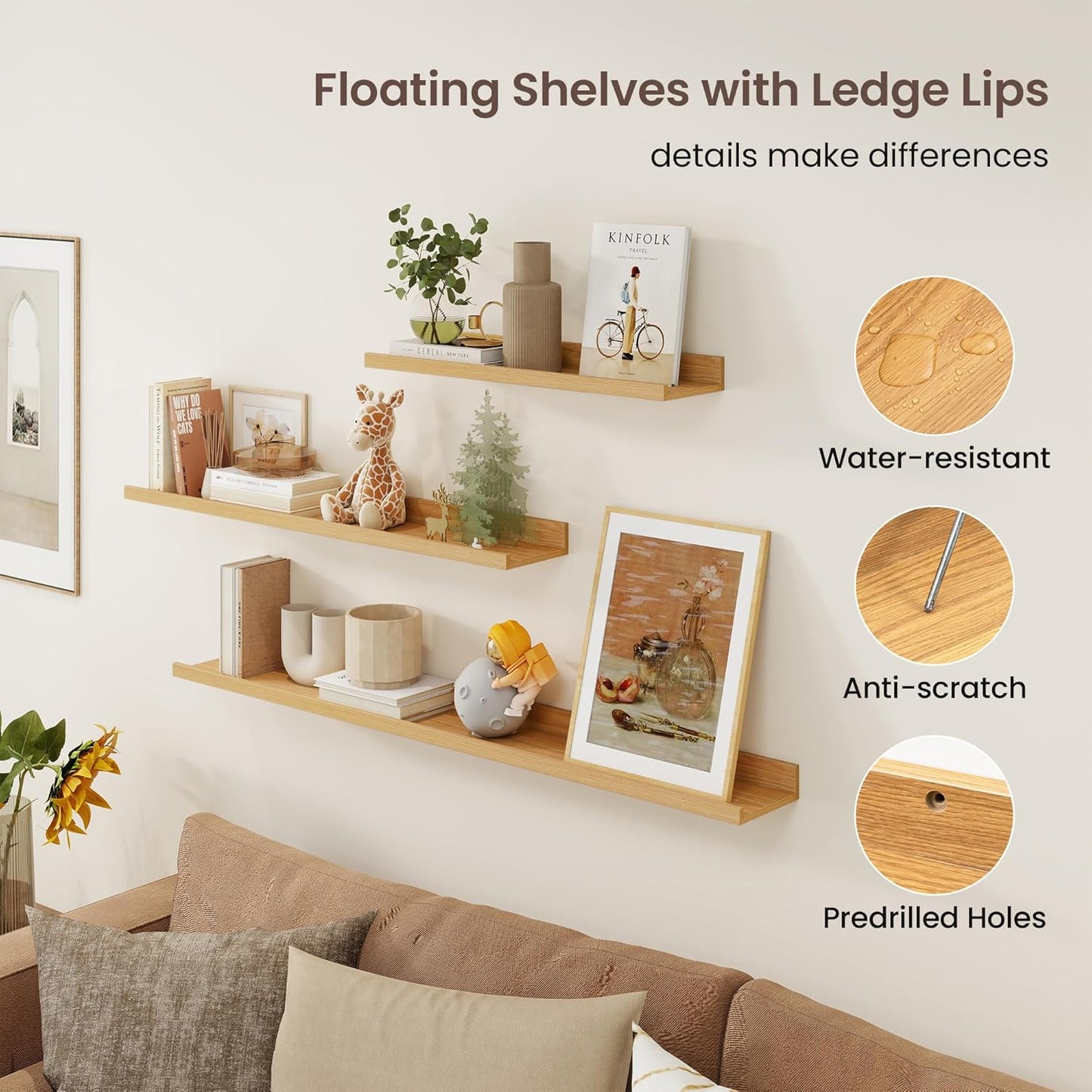 ShelfLoft 36"W x 4.2"D Oak Picture Ledge Shelf Floating Shelves with Lip Set of 3