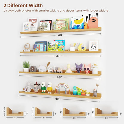 ShelfLoft 48" Wide x 5.5" Deep Picture Ledge Shelf Wall Display Floating Shelves with Lip, 4 Pack