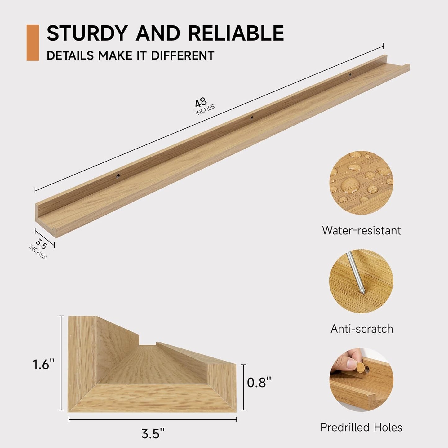 ShelfLoft 48“W x 3.5”D Oak Picture Ledge Shelf Wall Storage Floating Shelves, 2 Pack