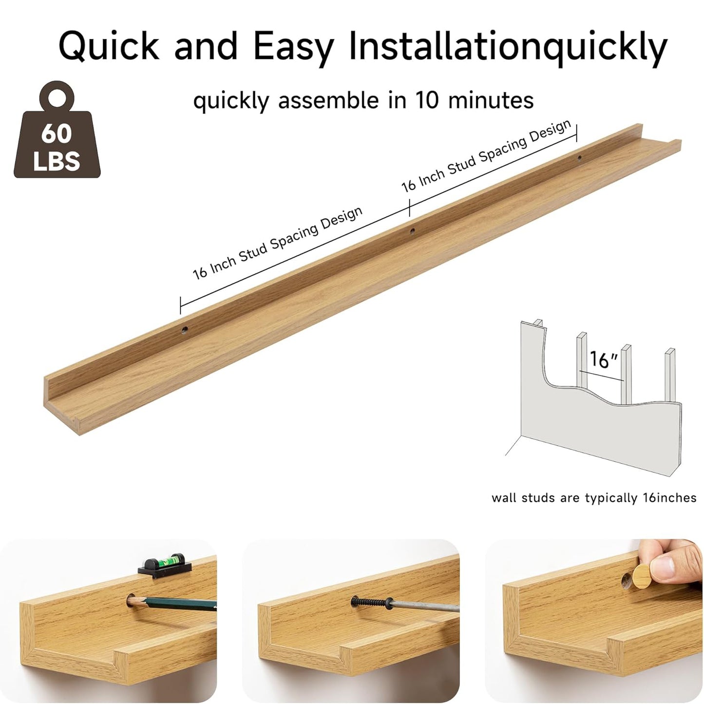 ShelfLoft 48“W x 3.5”D Oak Picture Ledge Shelf Wall Storage Floating Shelves, 2 Pack