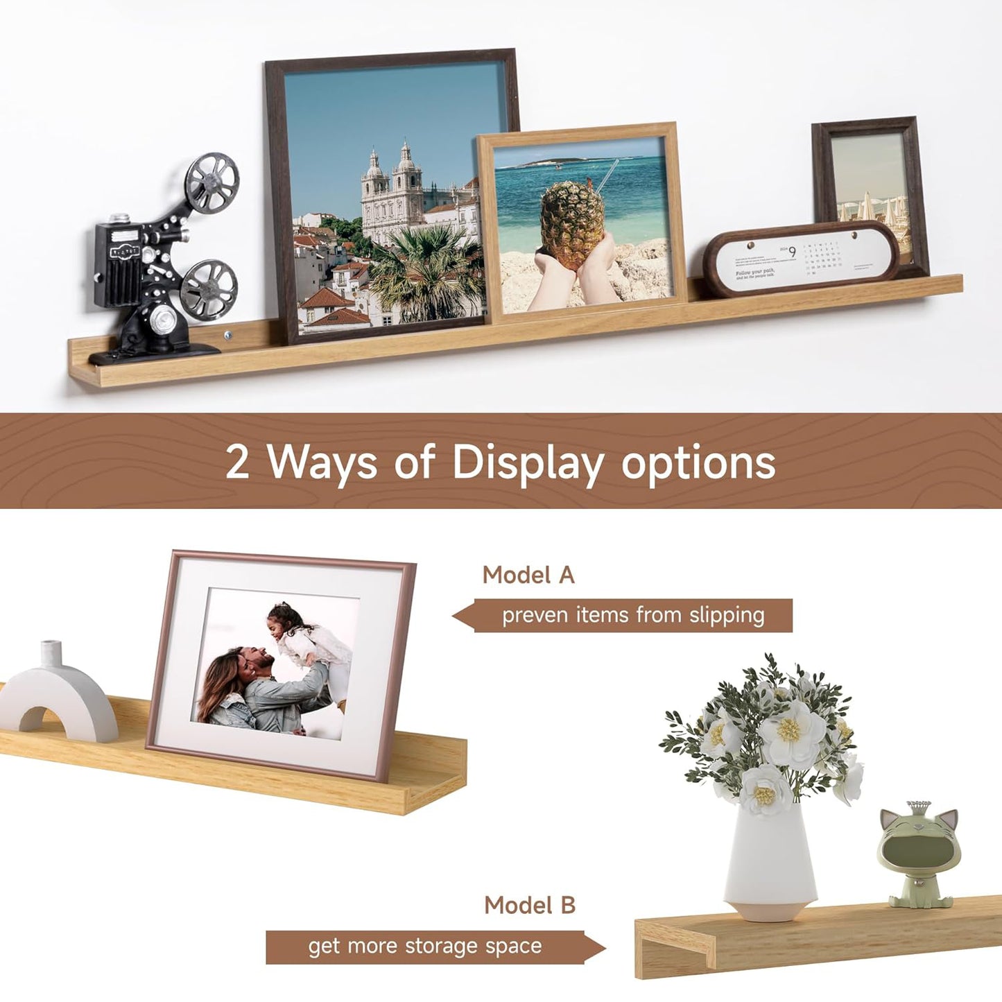 ShelfLoft 48“W x 3.5”D Oak Picture Ledge Shelf Wall Storage Floating Shelves, 2 Pack