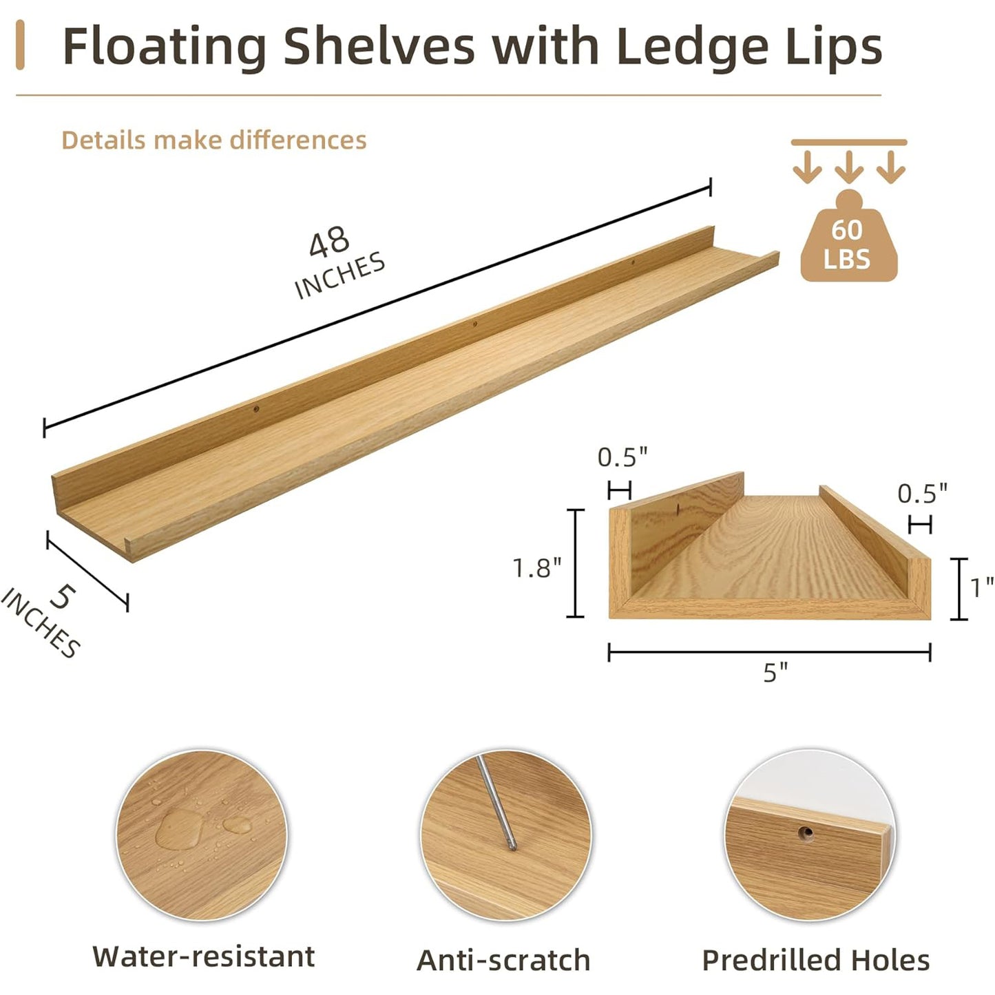 ShelfLoft 5"D x 1.8“H Oak Picture Ledge Shelf Wood Floating Shelves