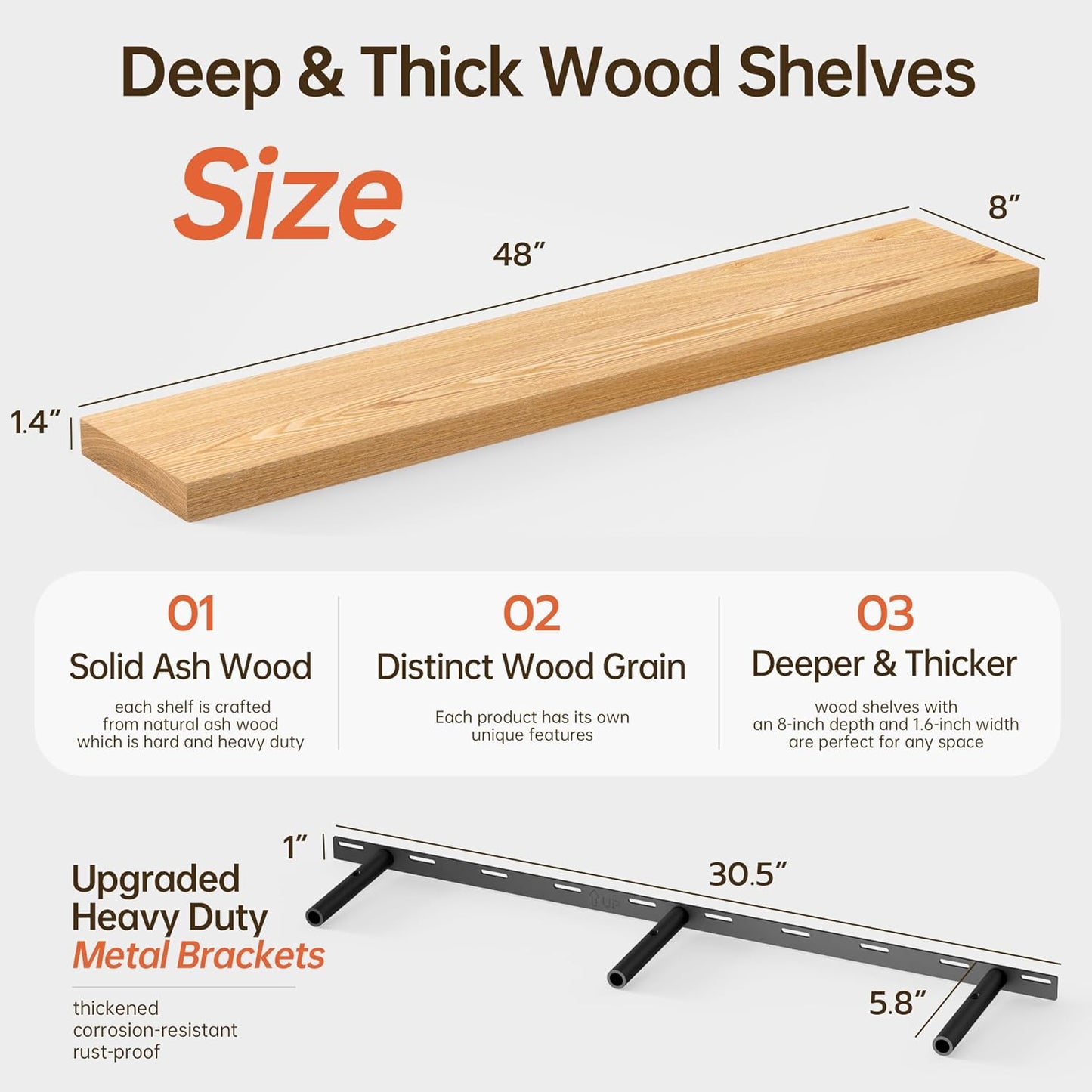 ShelfLoft 48" Wide x 8" Deep Solid Ash Wood Floating Shelves,1 Pack