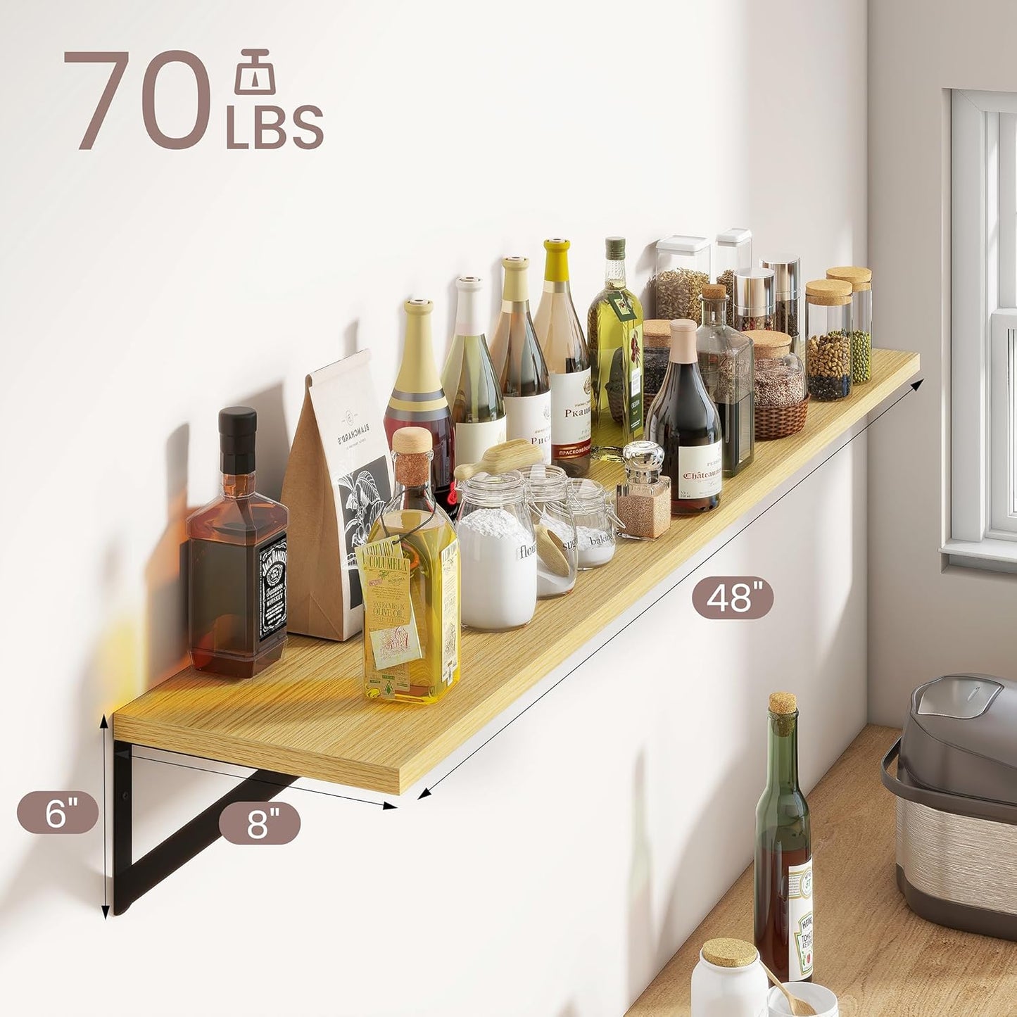 ShelfLoft 48" Wide x 8" Deep Floating Shelves with Brackets, Oak-2 Pack