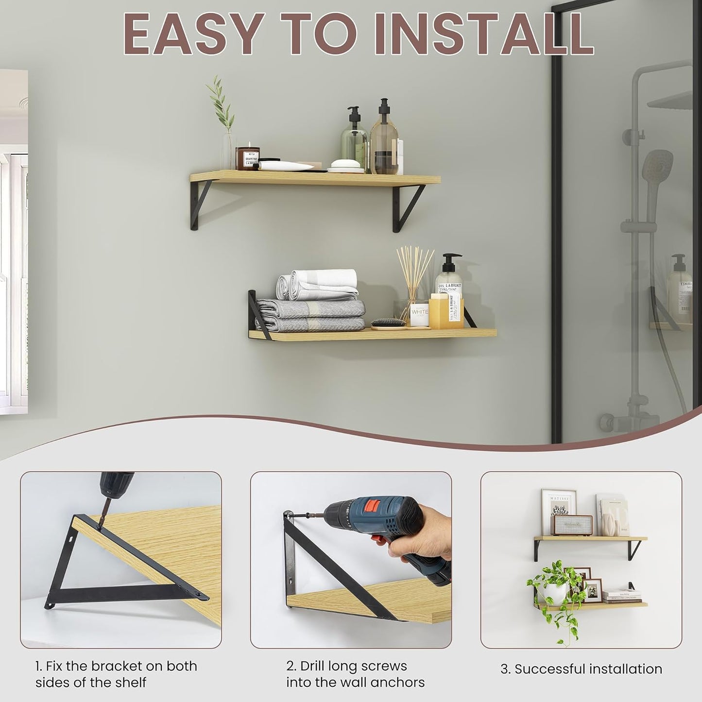 ShelfLoft 48" Wide x 8" Deep Floating Shelves with Brackets, Oak-2 Pack