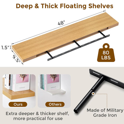 ShelfLoft 48" Wide x 9.3" Deep Floating Shelves for Wall Storage,Oak-1 Pack