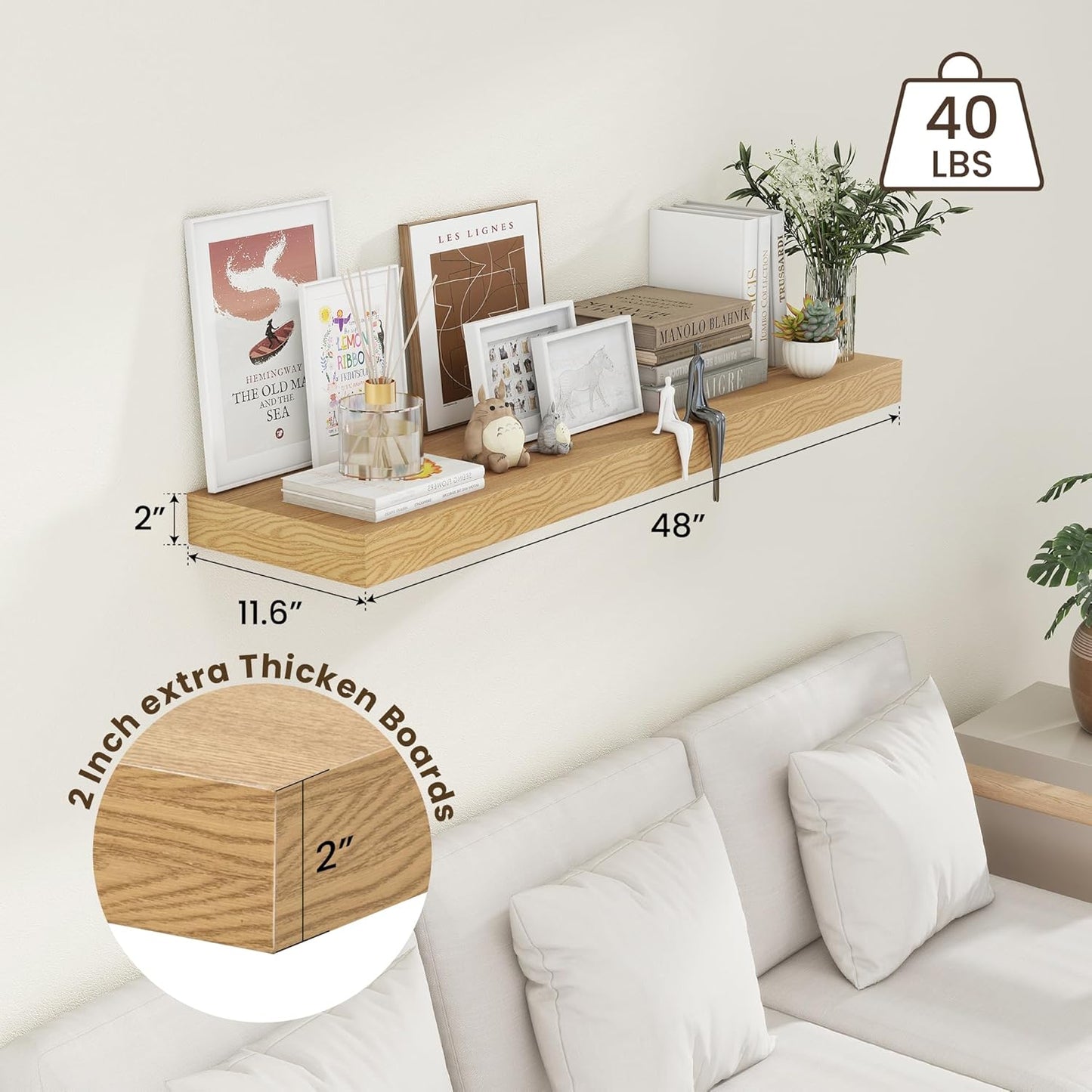 ShelfLoft 11.6"D x 2"H Oak Floating Shelves for Wall Storage