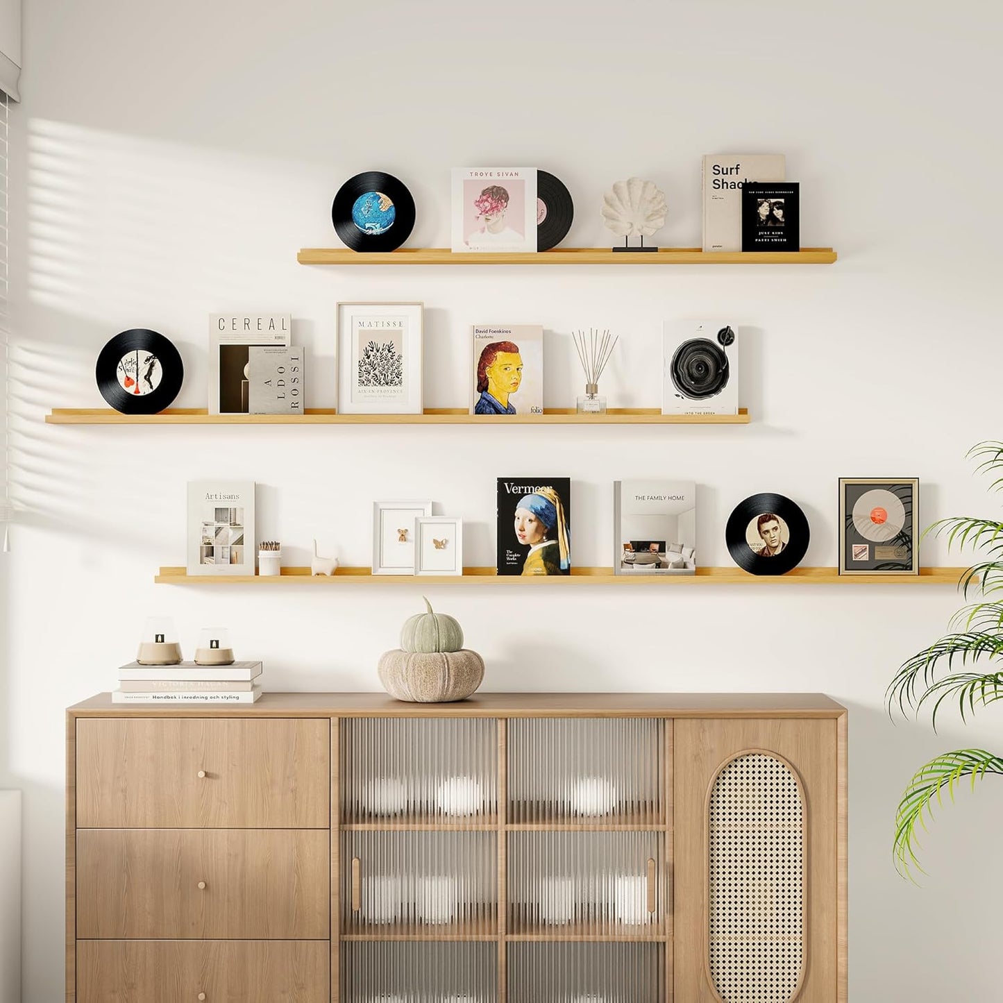 ShelfLoft 55“W x 3.5”D Oak Picture Ledge Shelf Wall Display Long Floating Shelves, 2 Pack