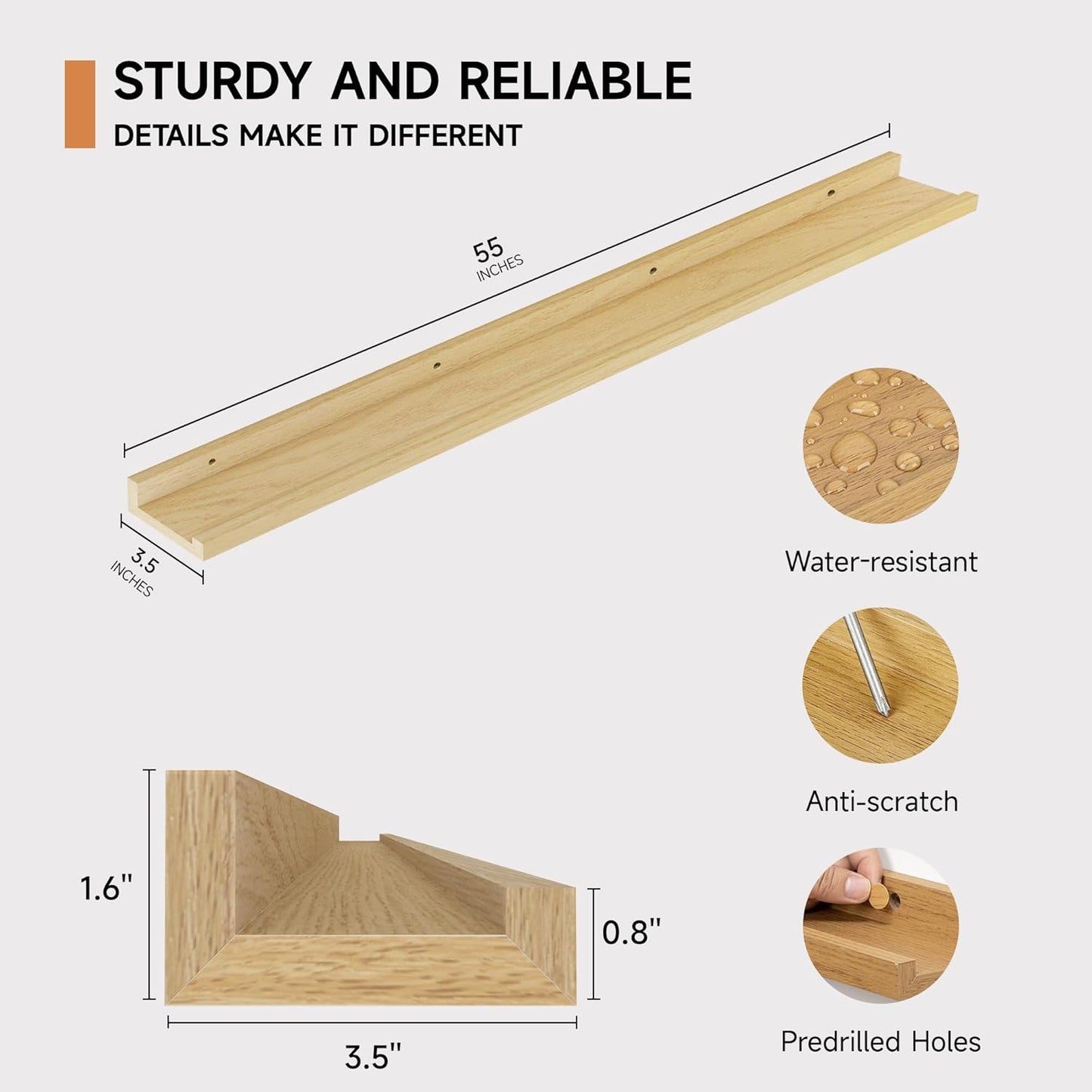 ShelfLoft 55“W x 3.5”D Oak Picture Ledge Shelf Wall Display Long Floating Shelves, 2 Pack