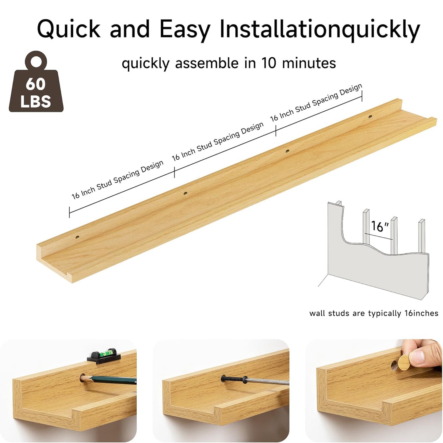 ShelfLoft 55“W x 3.5”D Oak Picture Ledge Shelf Wall Display Long Floating Shelves, 2 Pack