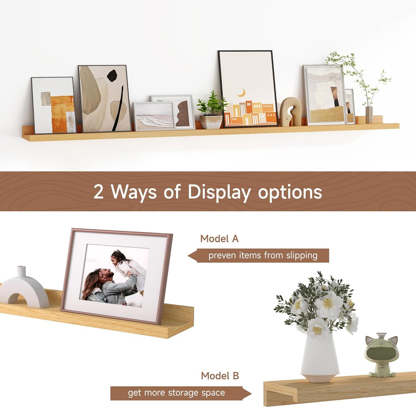 ShelfLoft 55“W x 3.5”D Oak Picture Ledge Shelf Wall Display Long Floating Shelves, 2 Pack