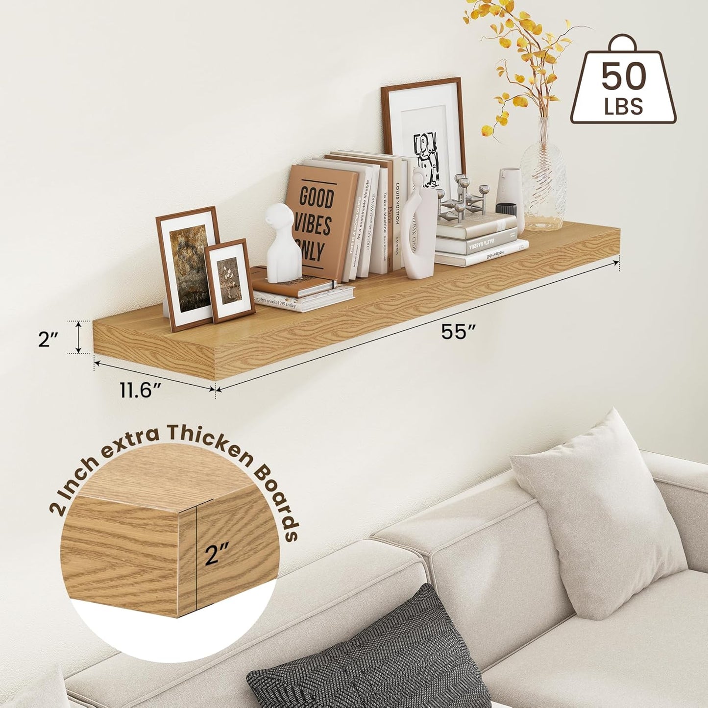 ShelfLoft 55"W x 11.6"D Oak Floating Shelves Long Wall Display,1 Pack