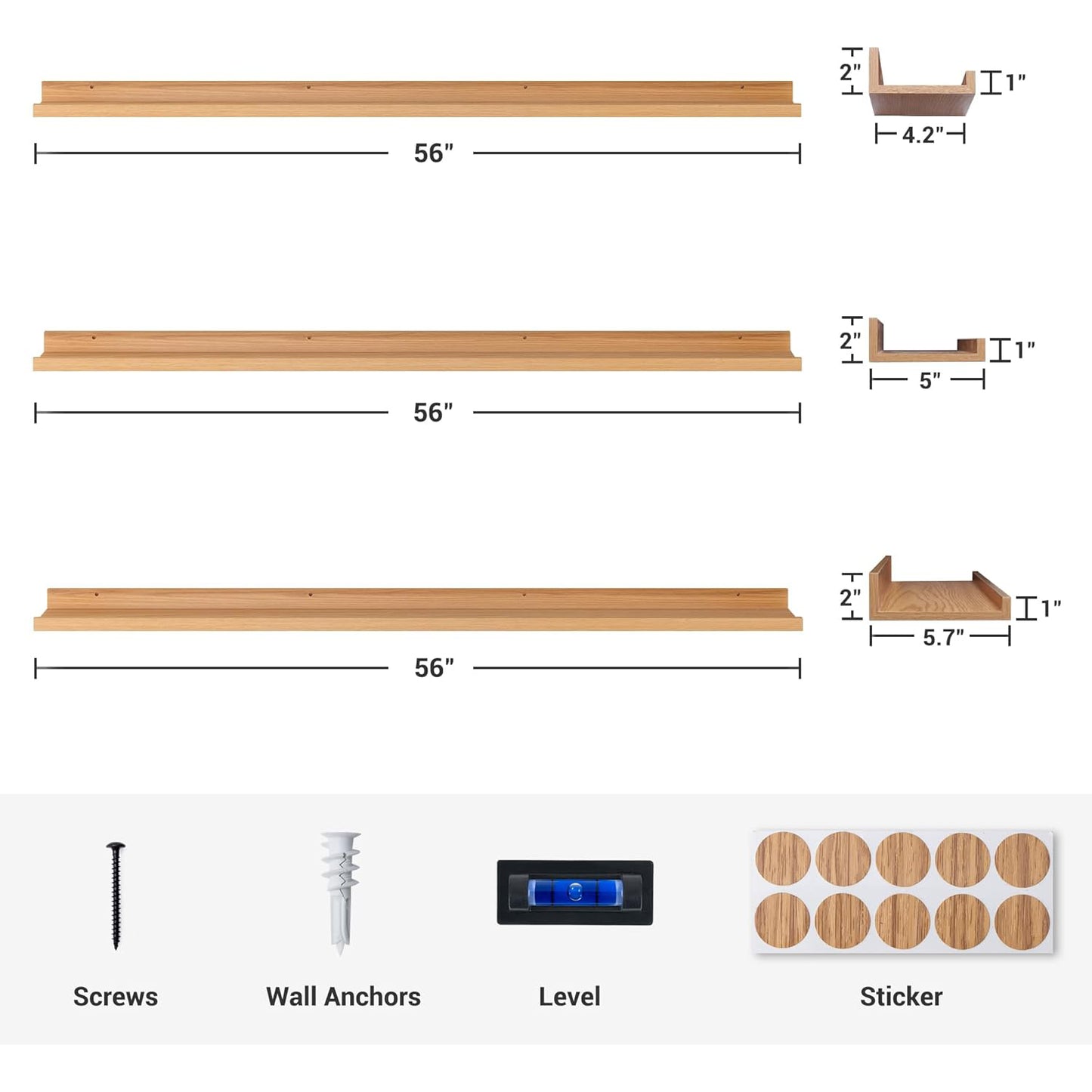 ShelfLoft 56"W x 5.7"D Oak Picture Ledge Shelf Floating Shelves with Lip Set of 3