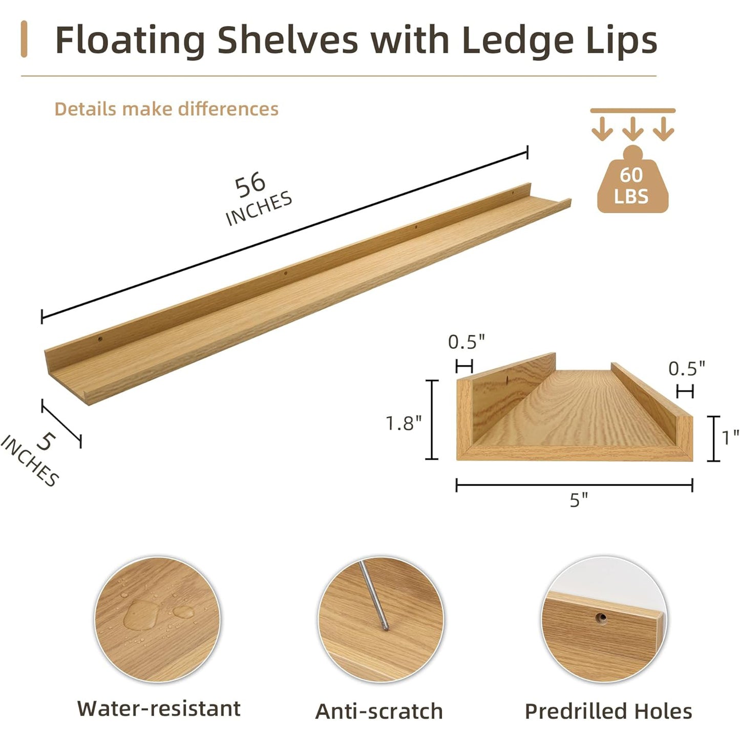 ShelfLoft 5"D x 1.8“H Oak Picture Ledge Shelf Wood Floating Shelves