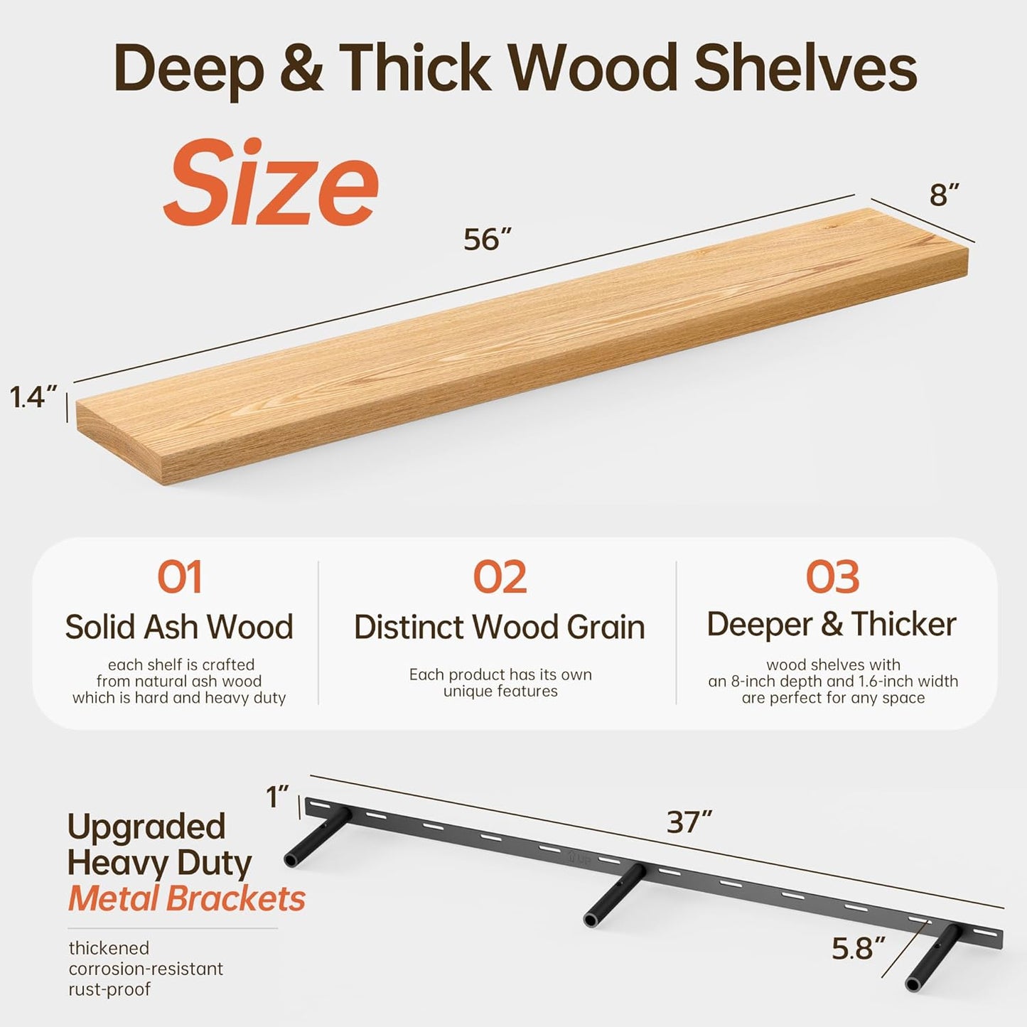 ShelfLoft 56" Wide x 8" Deep Solid Ash Wood Floating Shelves,1 Pack