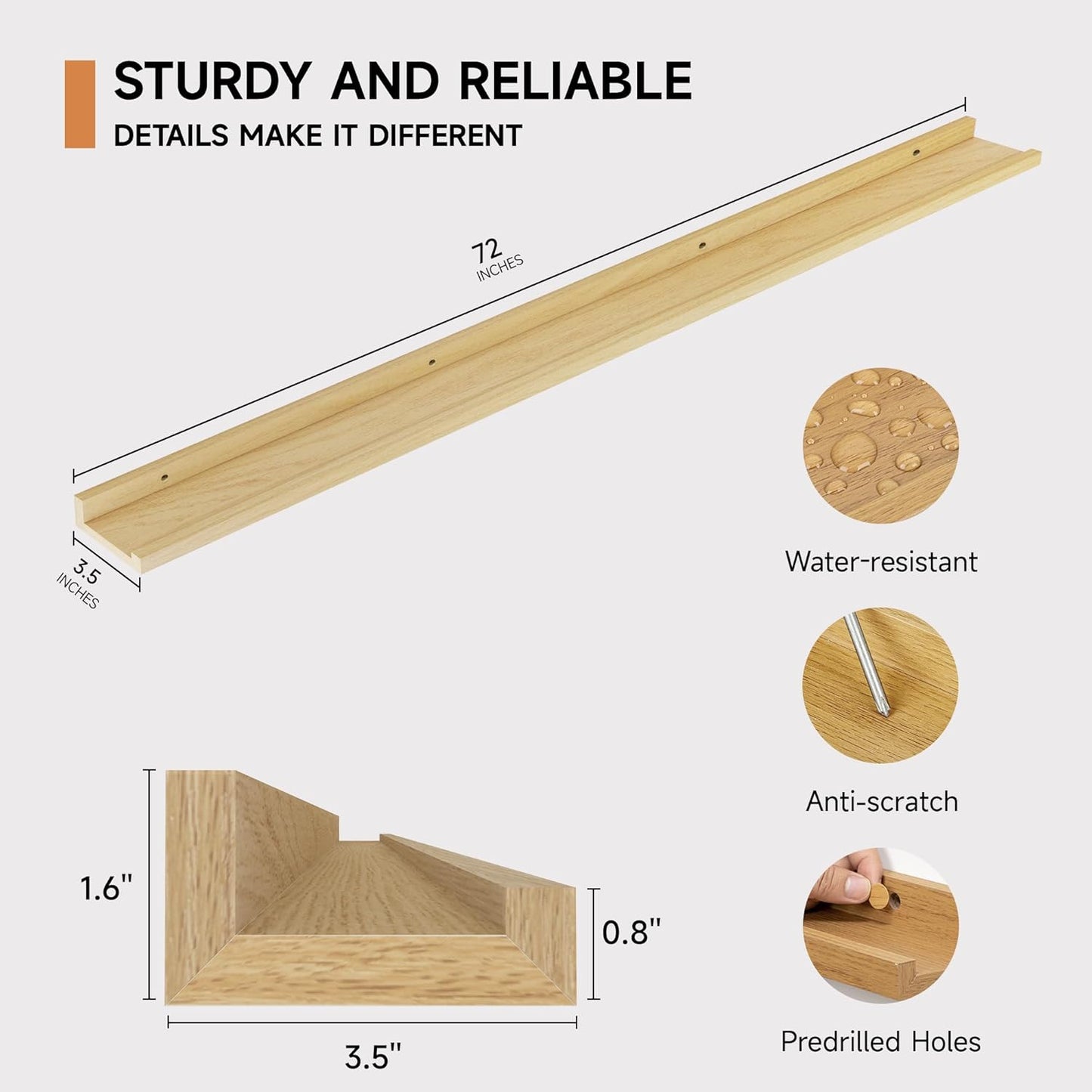 ShelfLoft 3.5"D x 1.6"H Oak Picture Ledge Shelf Wall Display Floating Shelves