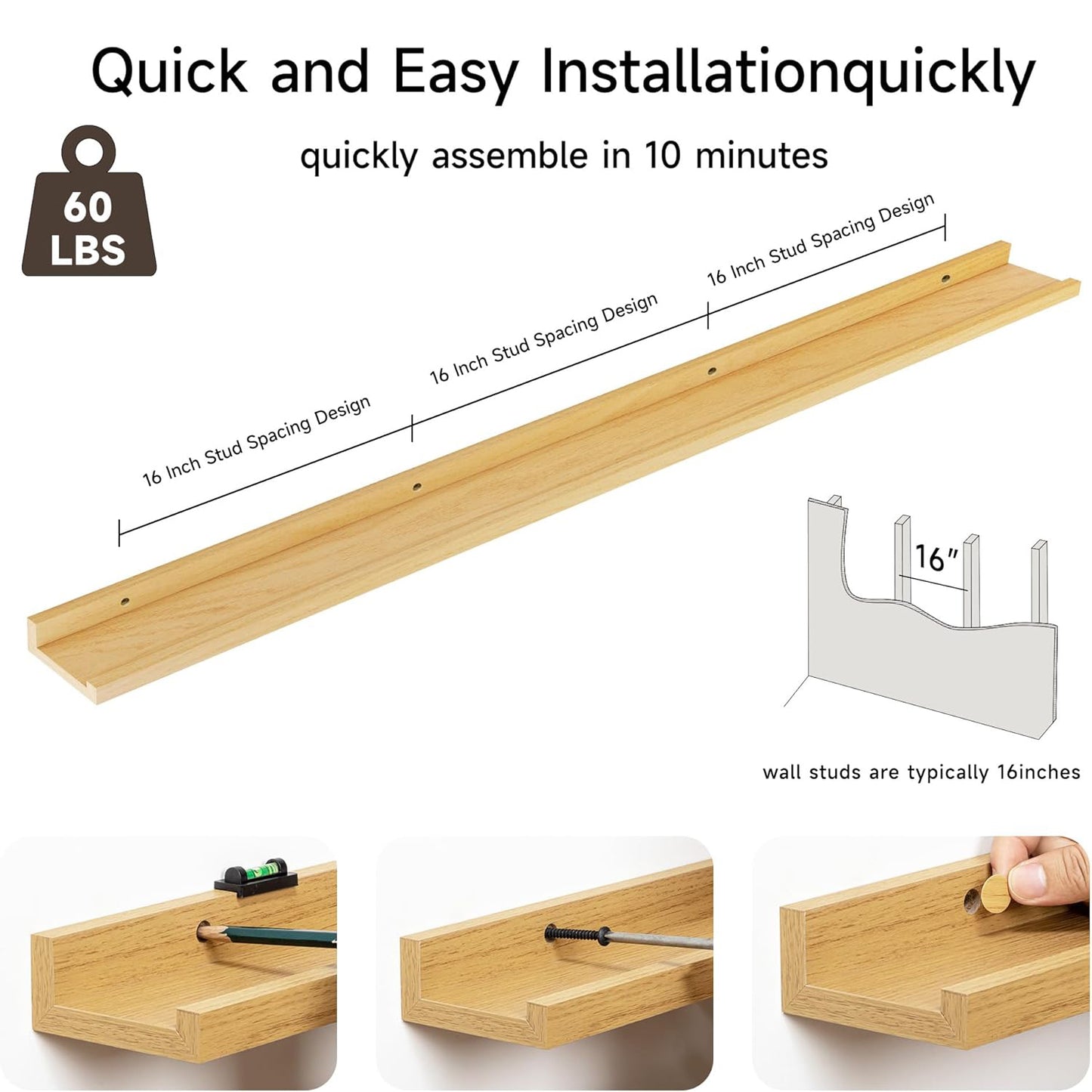 ShelfLoft 3.5"D x 1.6"H Oak Picture Ledge Shelf Wall Display Floating Shelves