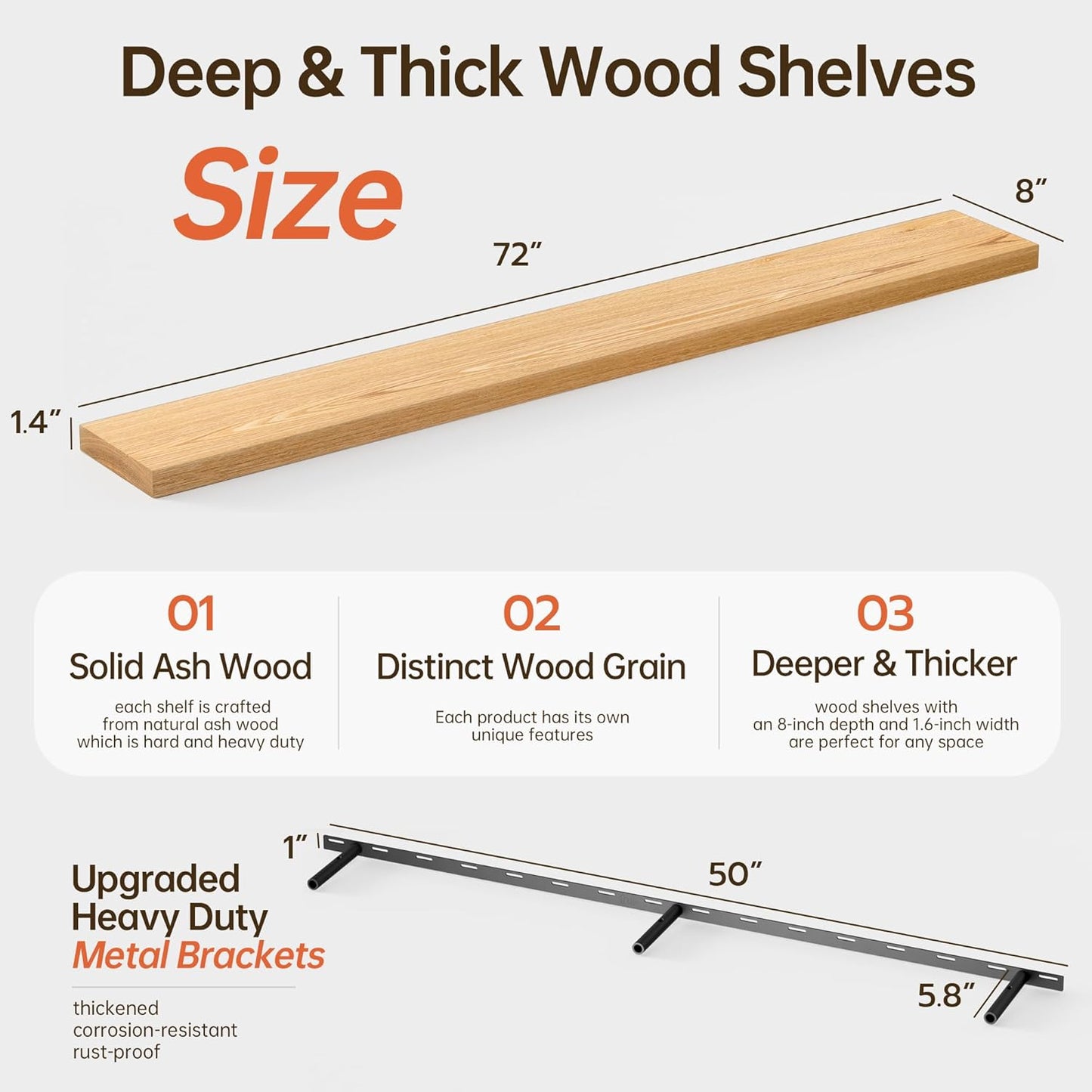 ShelfLoft 72" Wide x 8" Deep Solid Ash Wood Floating Shelves,1 Pack