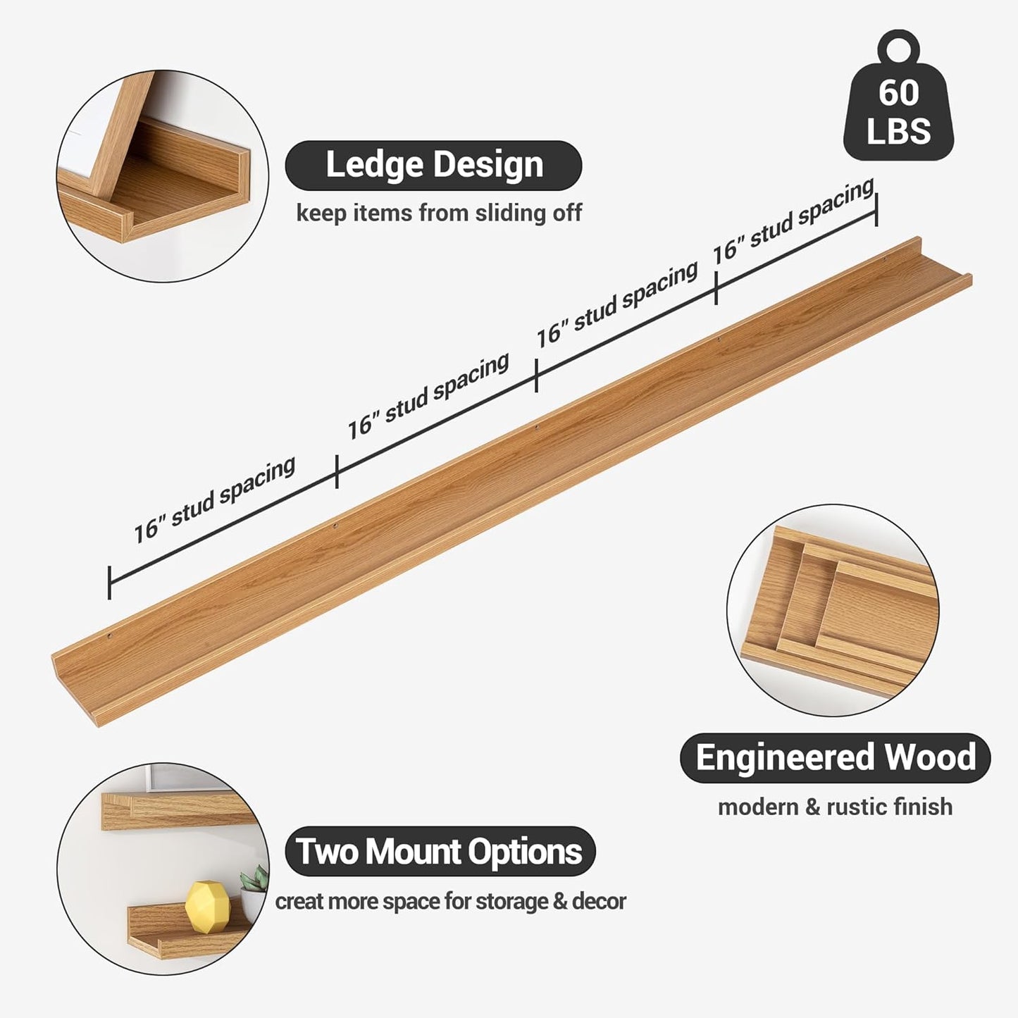 ShelfLoft 72"W x 5.7"D Oak Picture Ledge Shelf Floating Shelves with Lip Set of 3