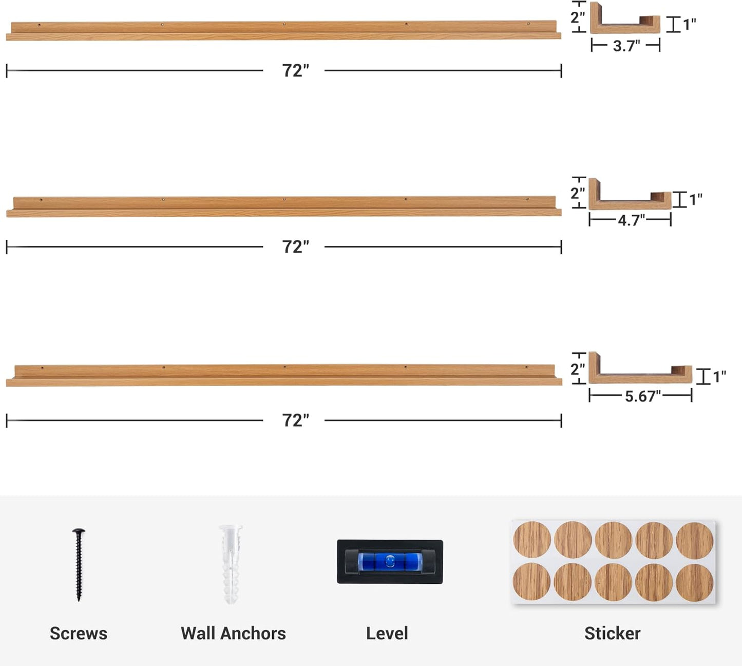 ShelfLoft 72"W x 5.7"D Oak Picture Ledge Shelf Floating Shelves with Lip Set of 3