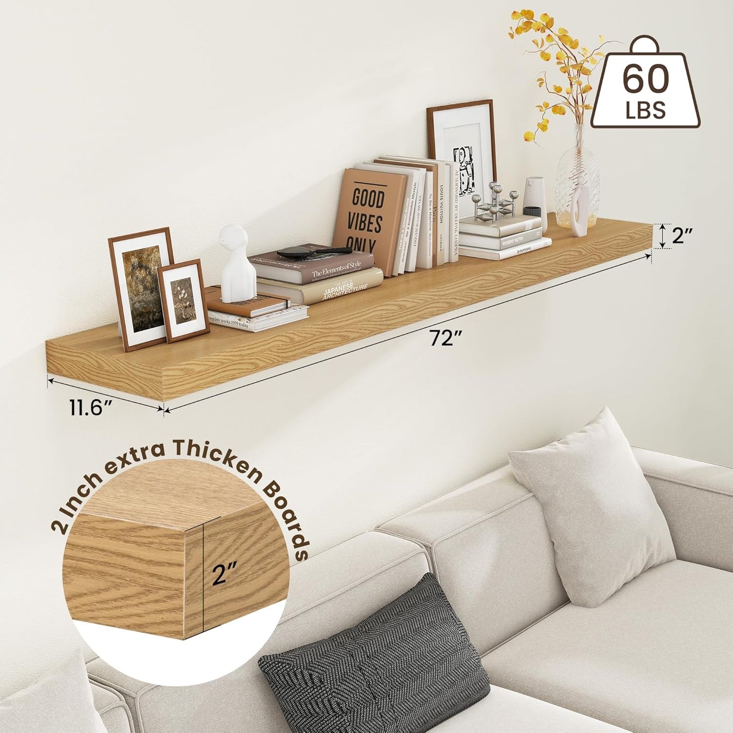 ShelfLoft 72"W x 11.6"D Oak Floating Shelves Long Wall Display,1 Pack