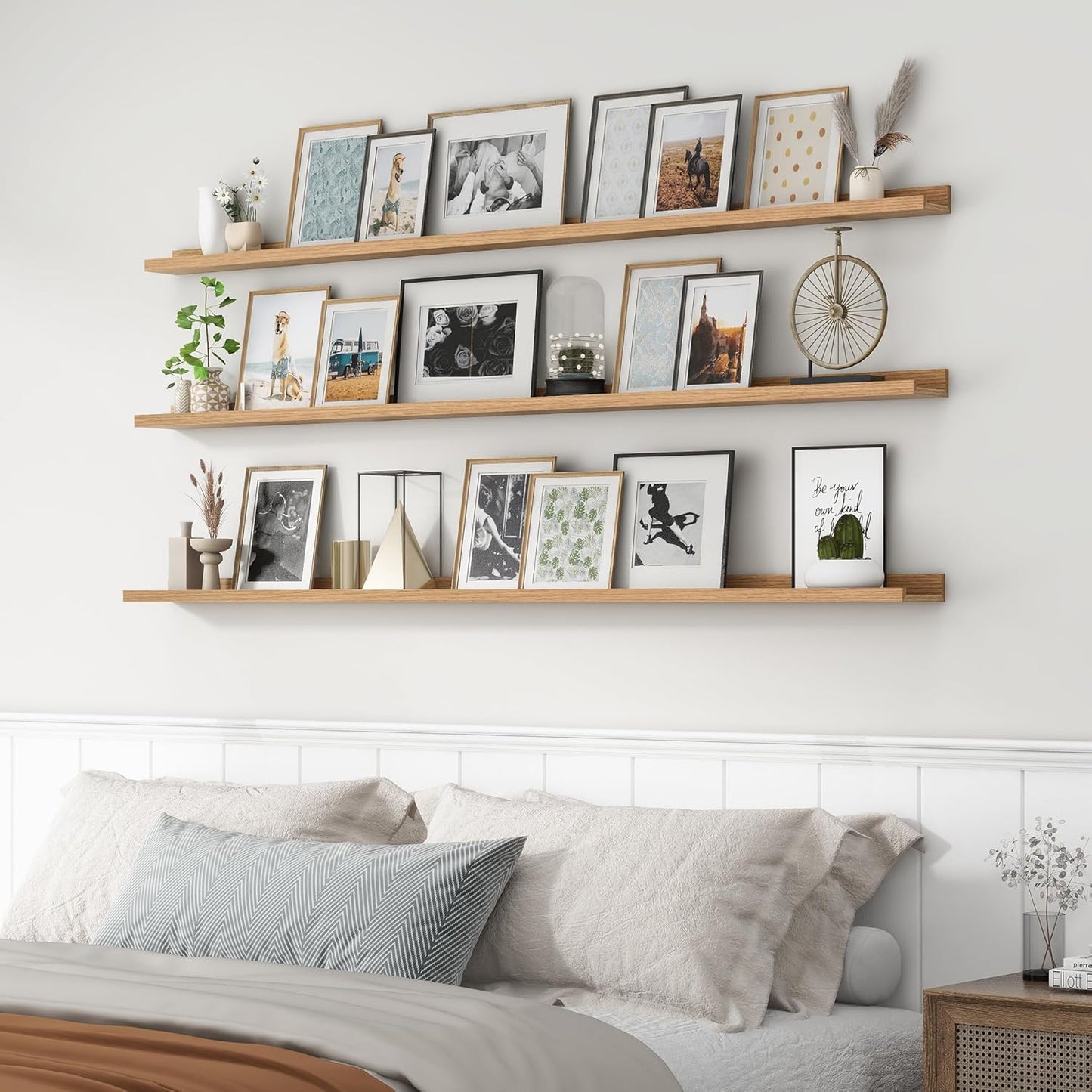 ShelfLoft 72"W x 5.7"D Oak Picture Ledge Shelf Floating Shelves with Lip Set of 3