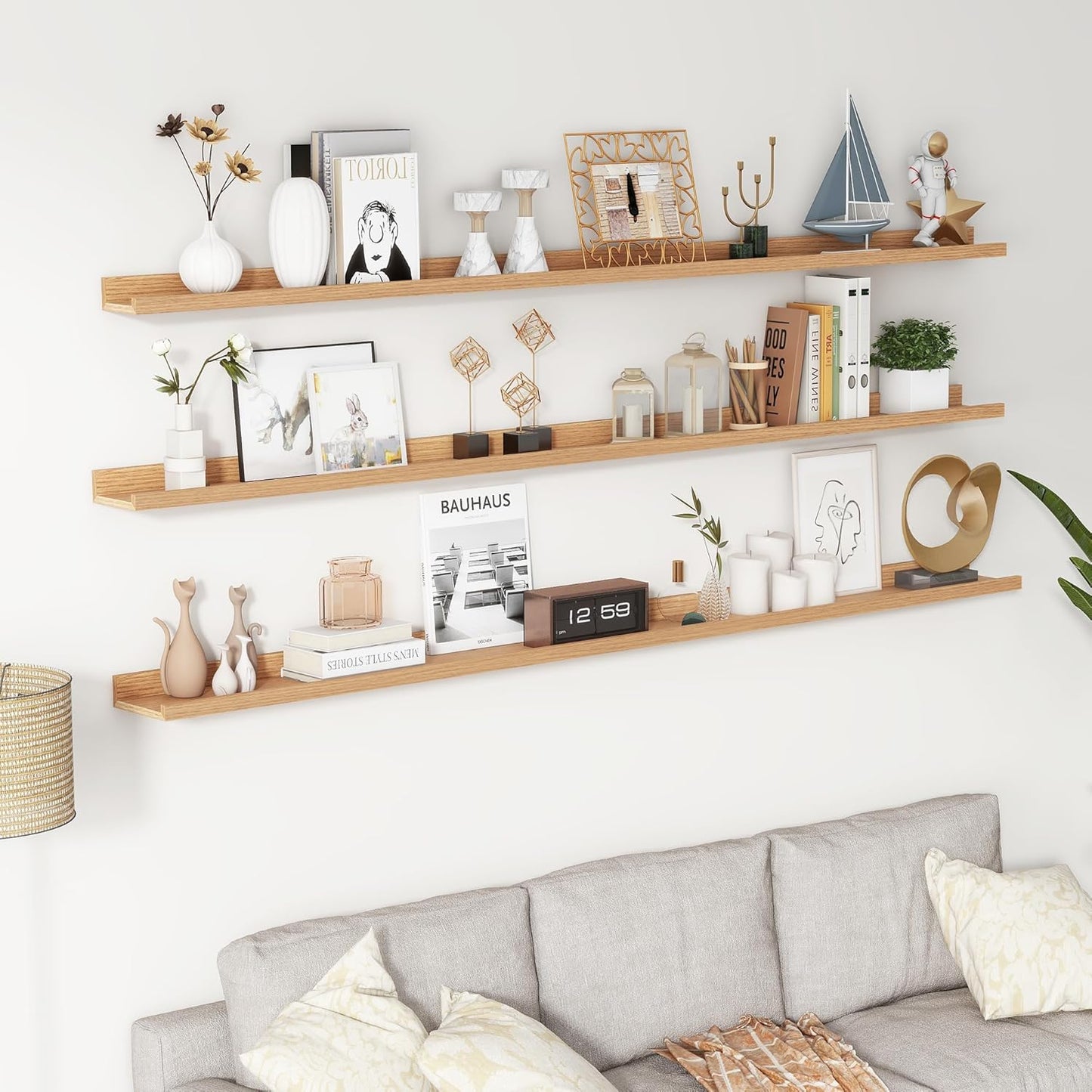 ShelfLoft 72"W x 5.7"D Oak Picture Ledge Shelf Floating Shelves with Lip Set of 3