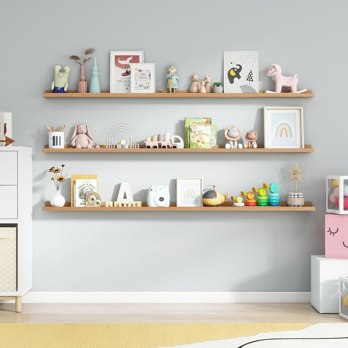 ShelfLoft 72"W x 5.7"D Oak Picture Ledge Shelf Floating Shelves with Lip Set of 3