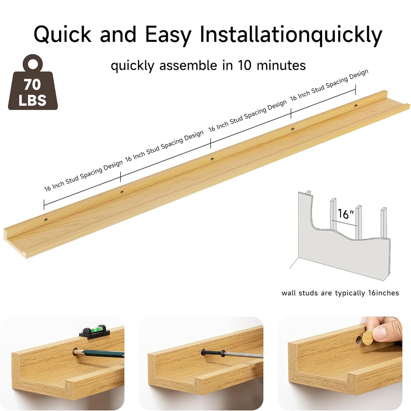 ShelfLoft 3.5"D x 1.6"H Oak Picture Ledge Shelf Wall Display Floating Shelves