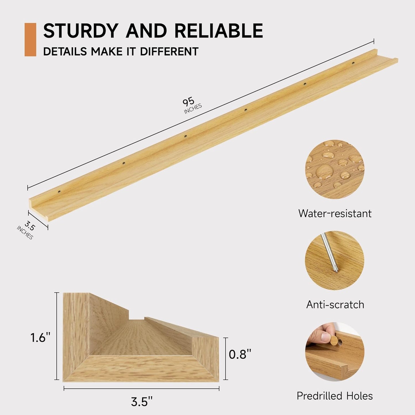 ShelfLoft 3.5"D x 1.6"H Oak Picture Ledge Shelf Wall Display Floating Shelves