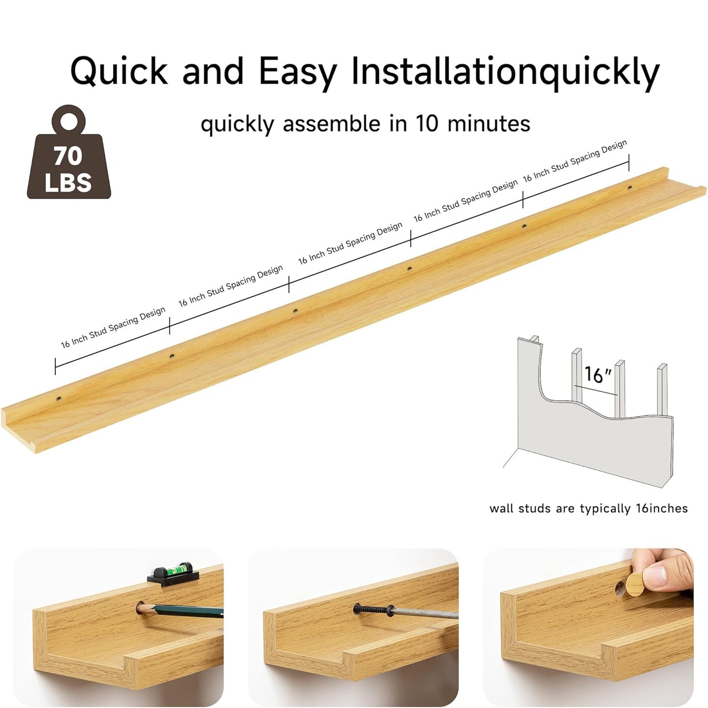 ShelfLoft 3.5"D x 1.6"H Oak Picture Ledge Shelf Wall Display Floating Shelves