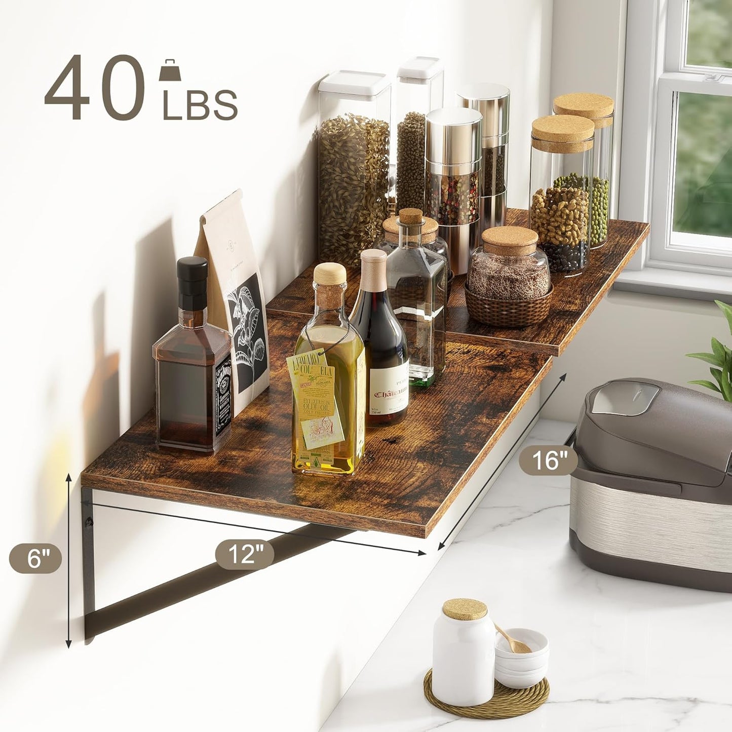 ShelfLoft 12"D x 6"H Rustic Brown Wall Display & Storage Floating Shelves with Visible Brackets