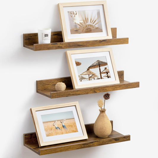 ShelfLoft 16"W x 4.2"D Rustic Brown Picture Ledge Shelf Floating Shelves with Lip Set of 3