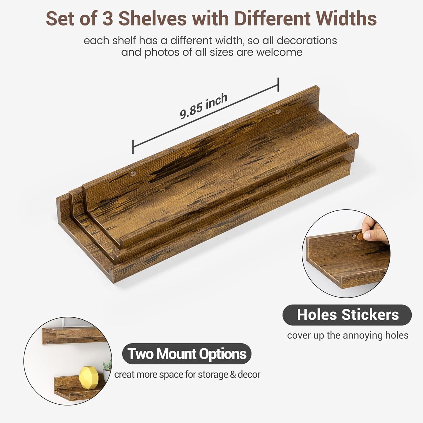 ShelfLoft 5.7"D x 2"H Rustic Brown Picture Ledge Shelf Floating Shelves with Lip, Set of 3