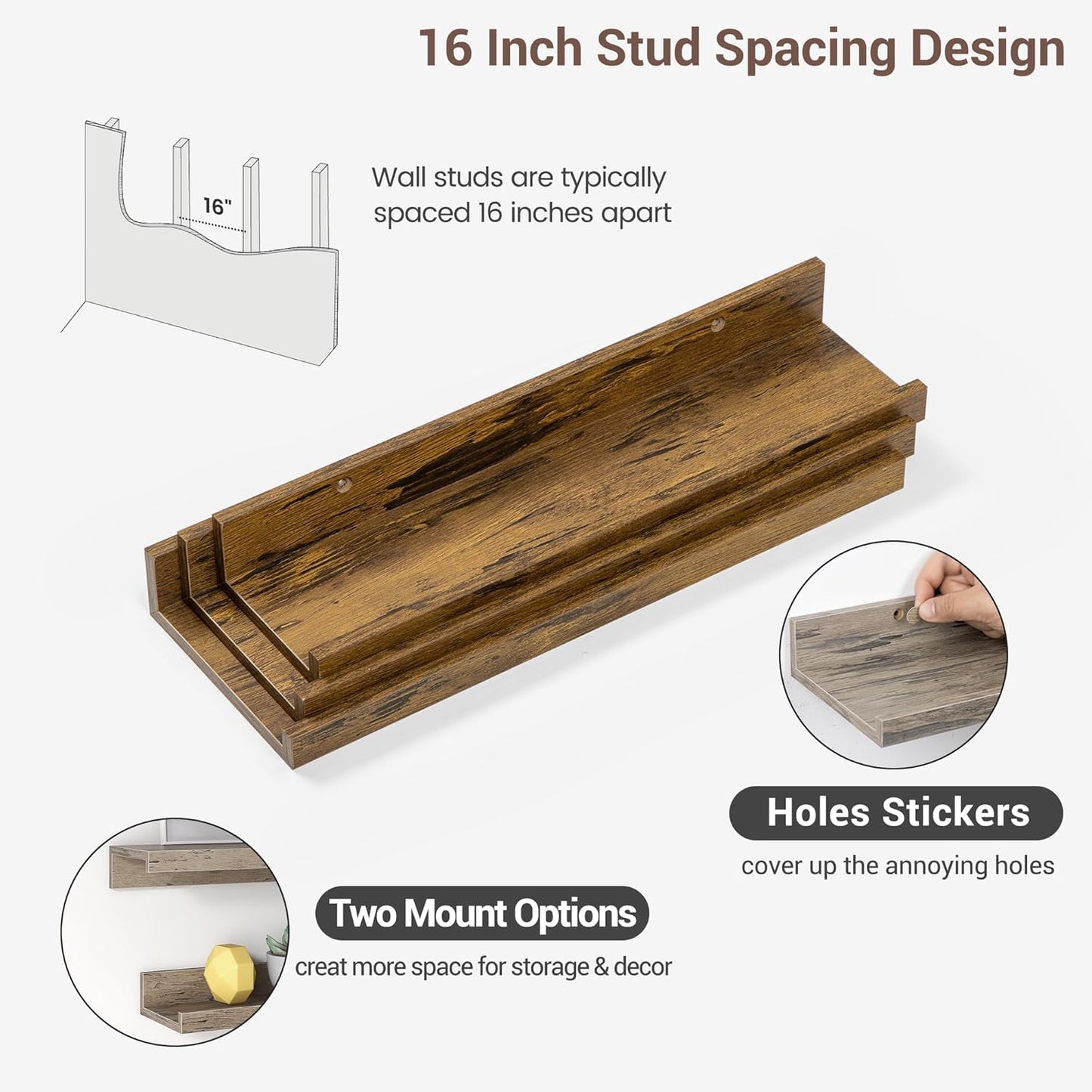 ShelfLoft 16"W x 4.2"D Rustic Brown Picture Ledge Shelf Floating Shelves with Lip Set of 3