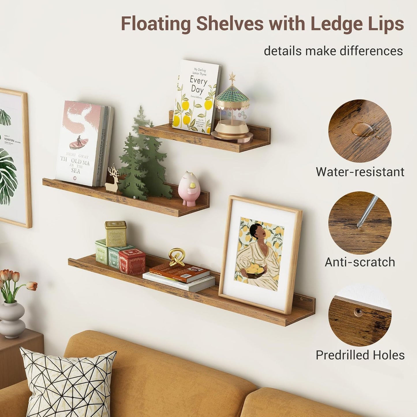 ShelfLoft 16"W x 4.2"D Rustic Brown Picture Ledge Shelf Floating Shelves with Lip Set of 3