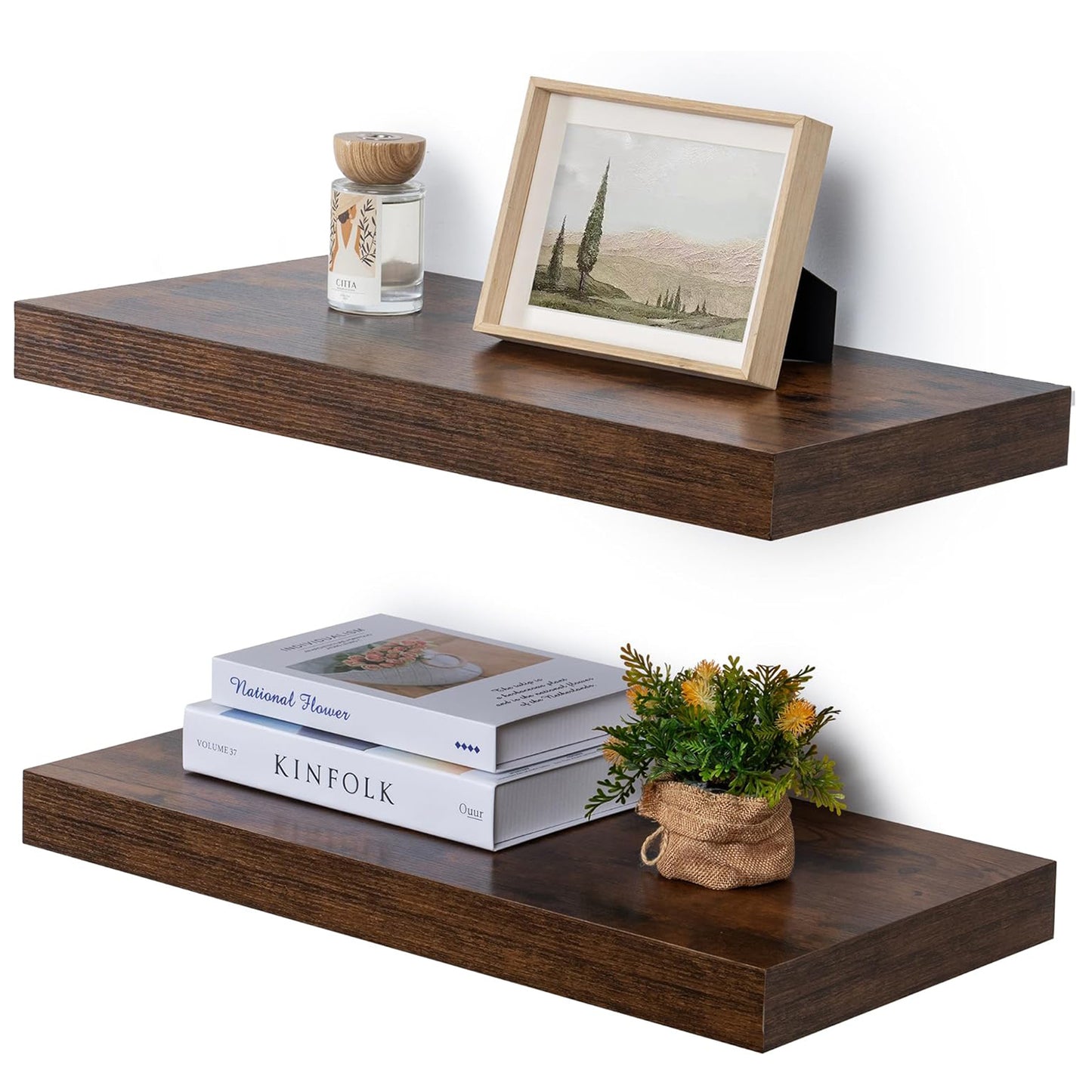 ShelfLoft 24"W x 12"D Rustic Wood Floating Shelves for Wall Decor & Storage, 2 Pack