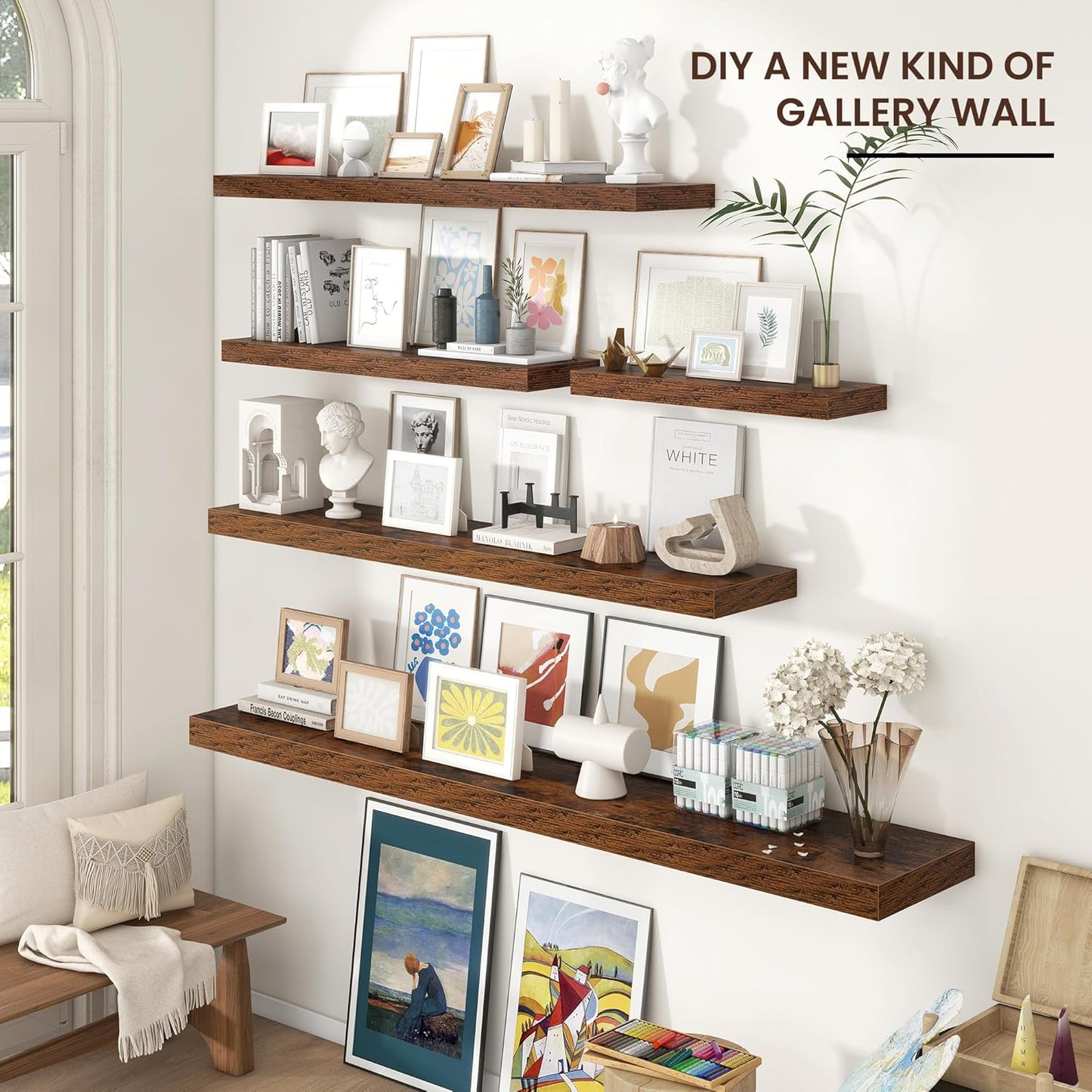 ShelfLoft 9"D x 1.5”H Rustic Brown Floating Shelves for Wall Storage