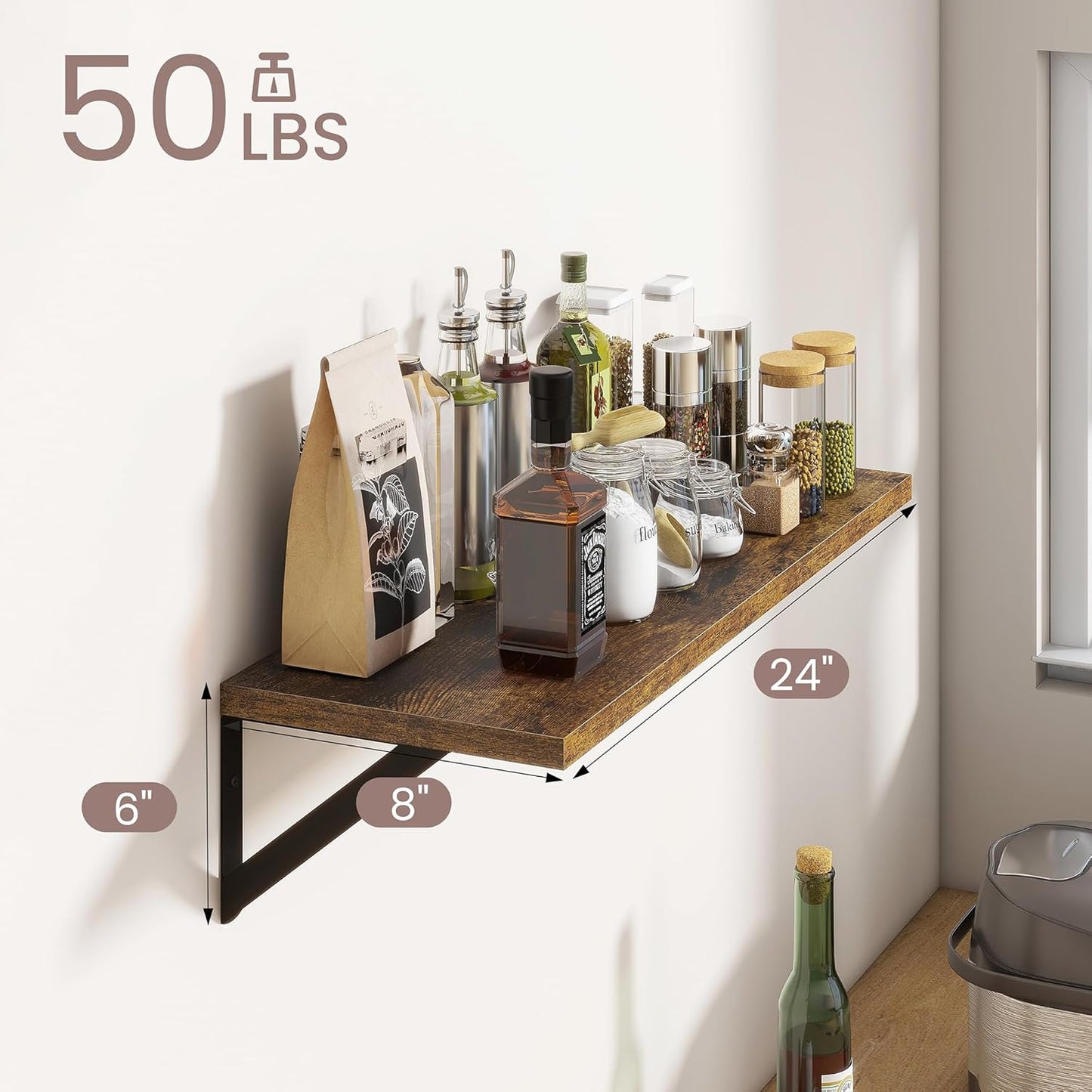 ShelfLoft 8"D Rustic Brown Floating Shelves with Brackets