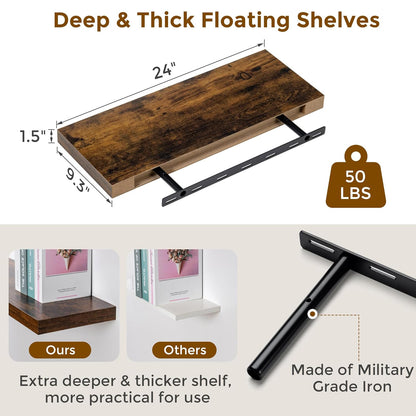 ShelfLoft 24" Wide x 9.3" Deep Floating Shelves for Wall Storage,2 Pack