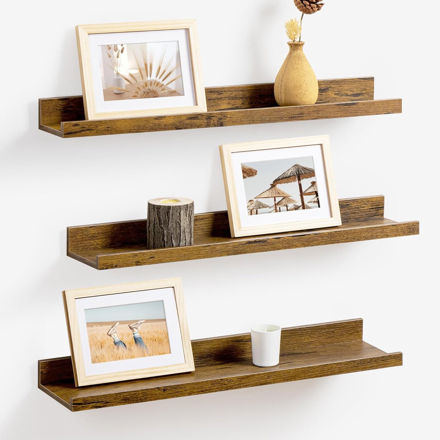 ShelfLoft 24"W x 4.2"D Rustic Brown Picture Ledge Shelf Floating Shelves with Lip Set of 3