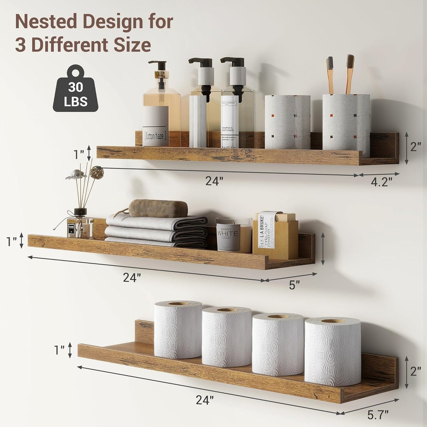 ShelfLoft 5.7"D x 2"H Rustic Brown Picture Ledge Shelf Floating Shelves with Lip, Set of 3