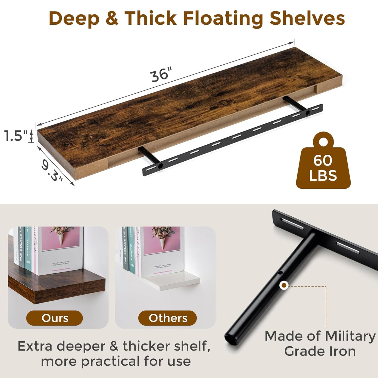 ShelfLoft 9.3"D x 1.5"H Rustic Brown Floating Shelves for Wall Storage