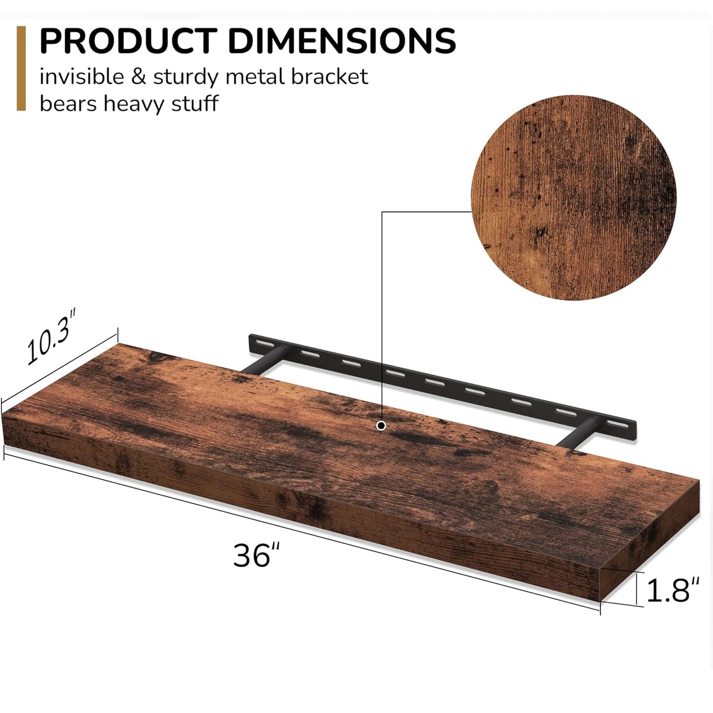 ShelfLoft 12"D x 1.8"H Rustic Brown Farmhouse Wall Mounted Display Floating Shelves