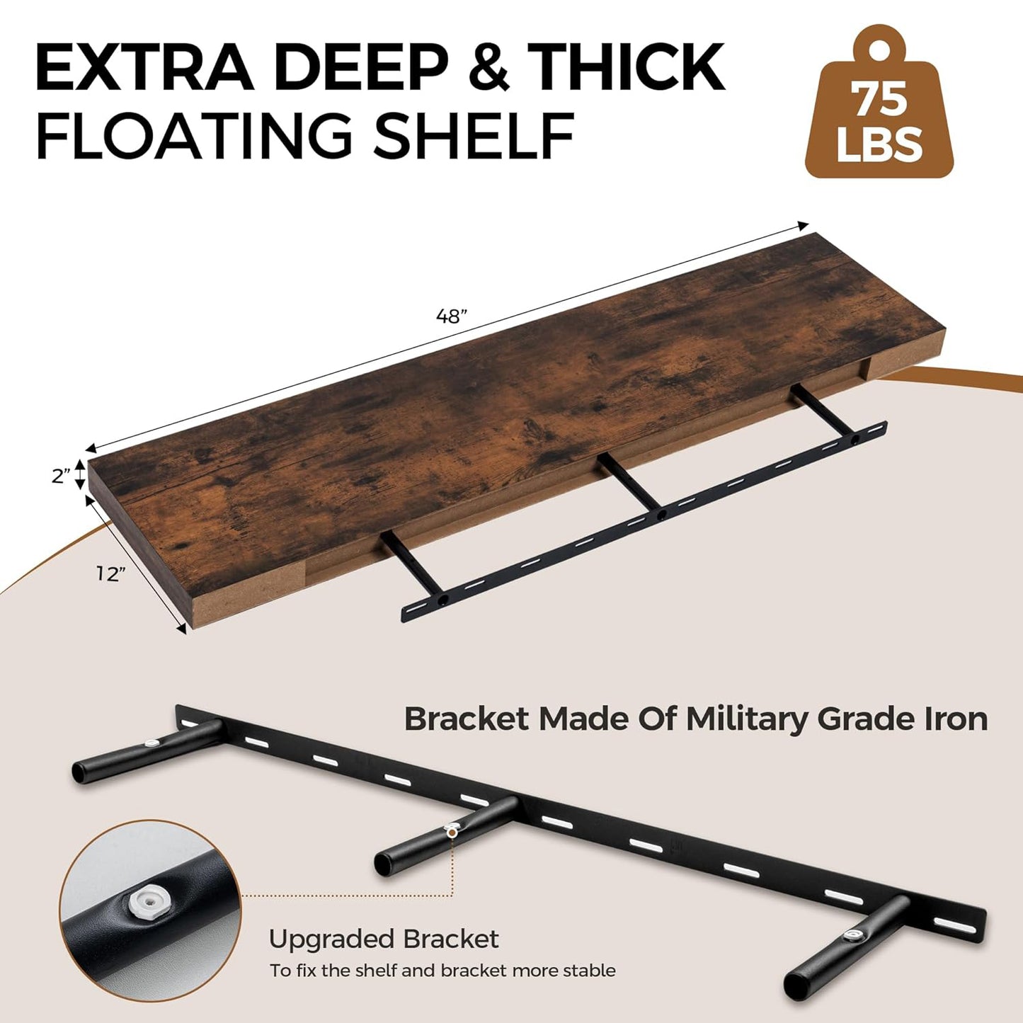 ShelfLoft 48"W x 12"D Rustic Wood Floating Shelves for Wall Decor & Storage, 1 Pack