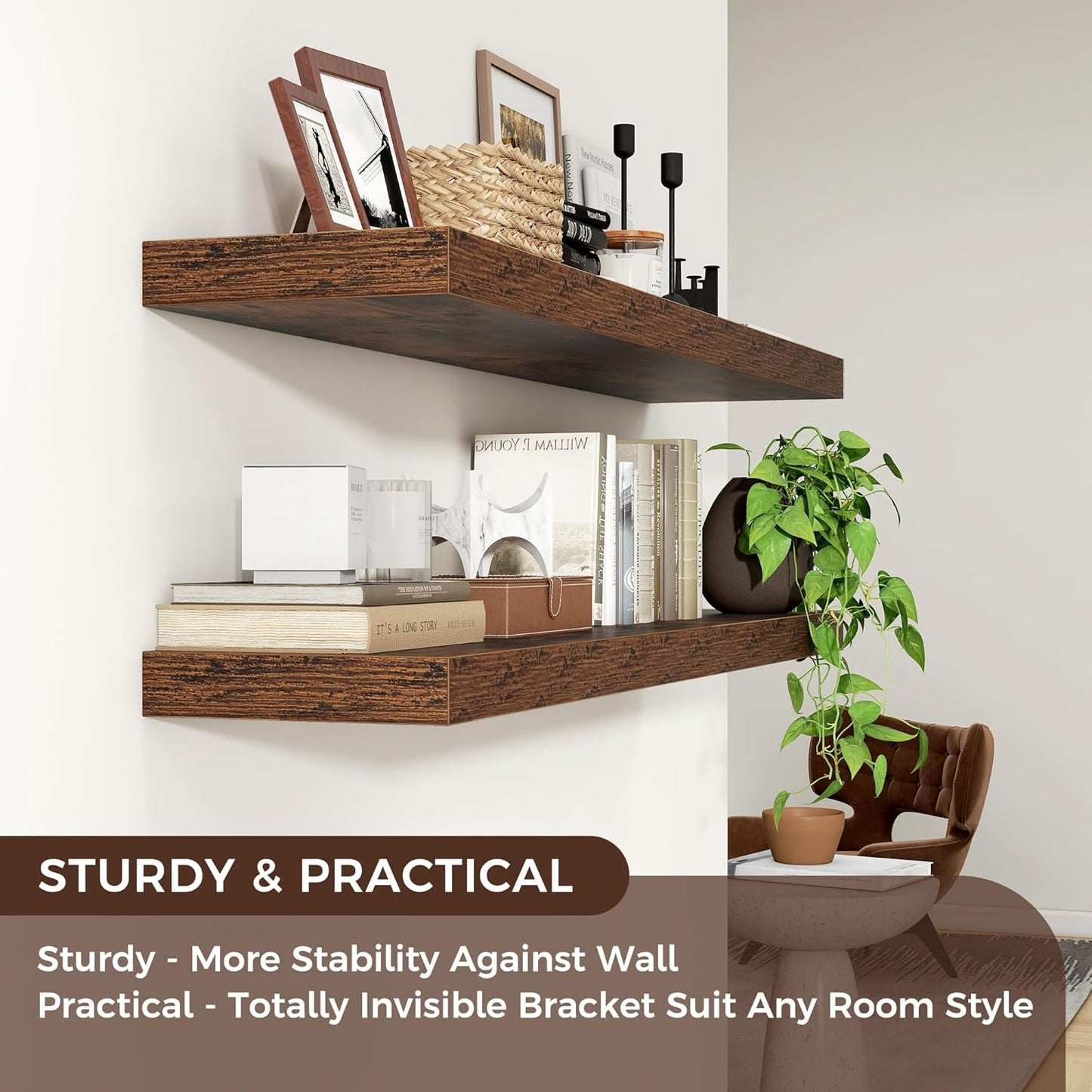 ShelfLoft 9"D x 1.5”H Rustic Brown Floating Shelves for Wall Storage