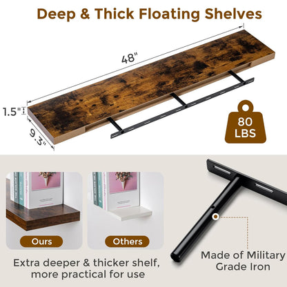 ShelfLoft 48" Wide x 9.3" Deep Floating Shelves for Wall Storage,1 Pack